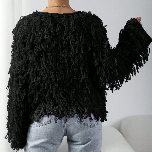Black Casual Women's Solid Color Coil Knitted Cardigan - Picture 2 of 7